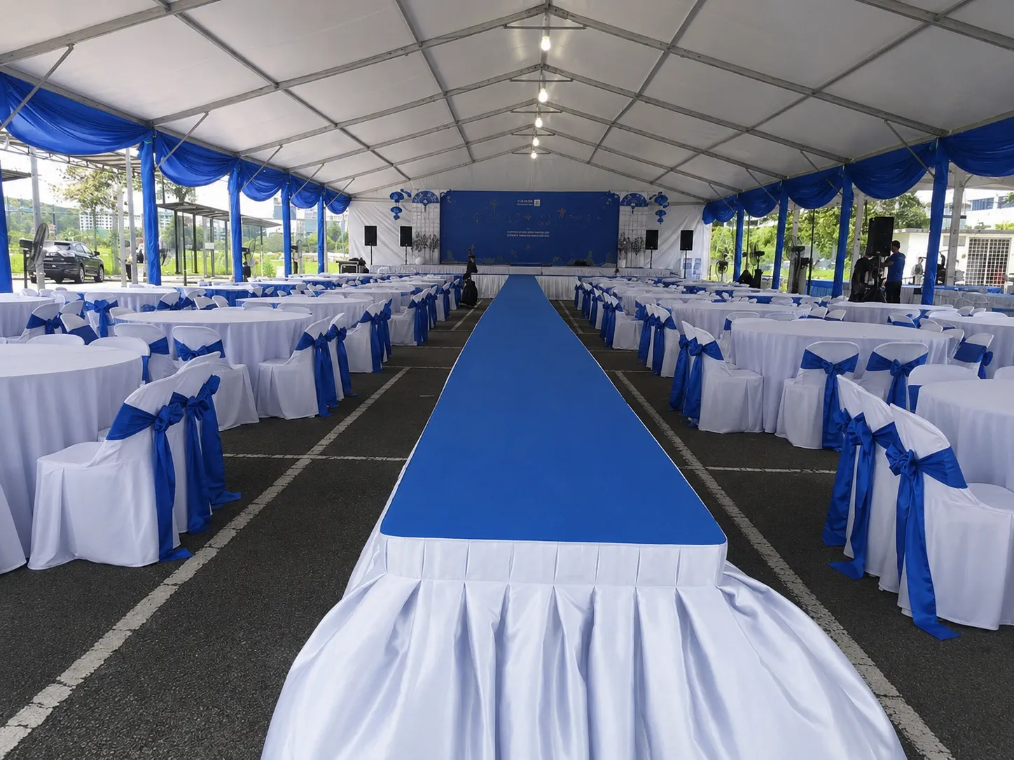 Blue White Banquet Marquee Stage Runway Portfolio setup overview